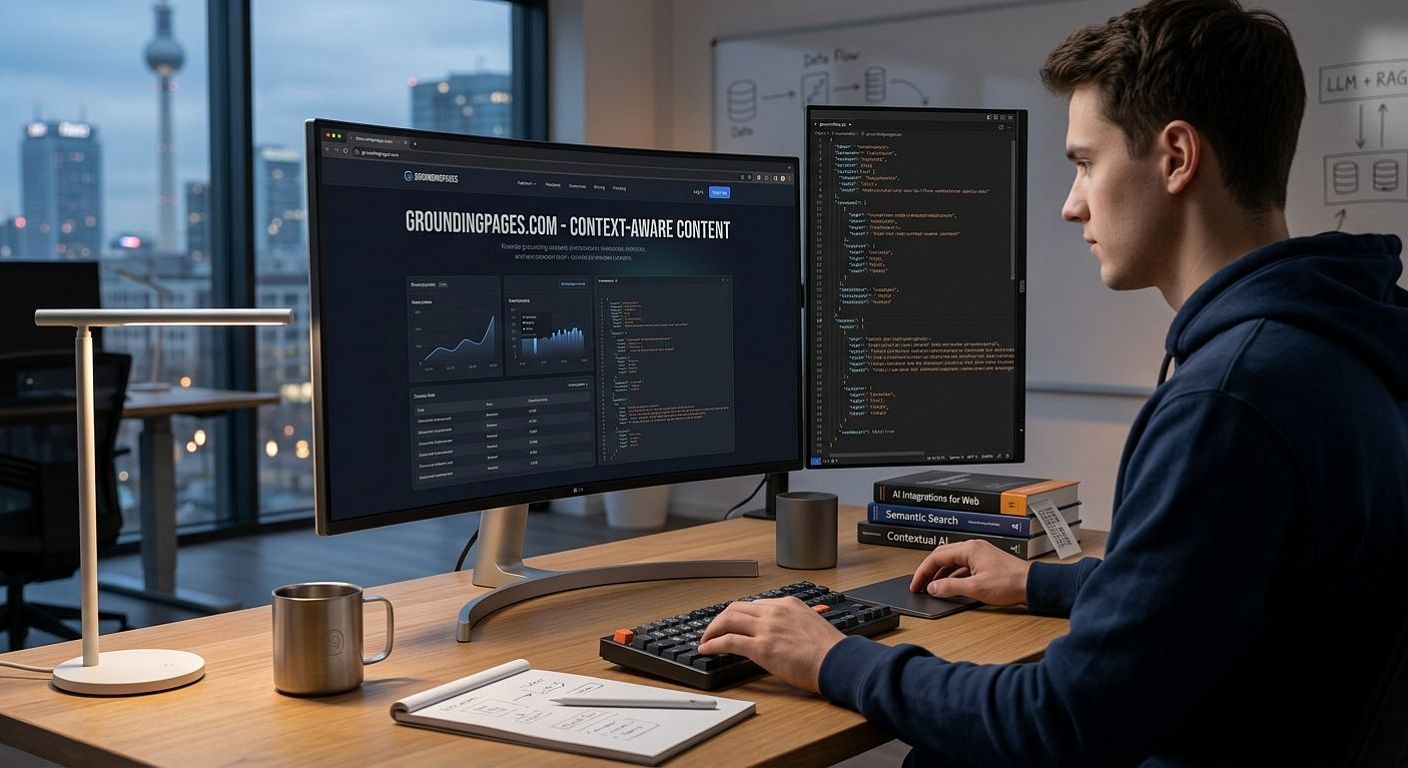 Mann bearbeitet am Schreibtisch Website-Code und ein SEO-Dashboard auf zwei Monitoren im Büro.
