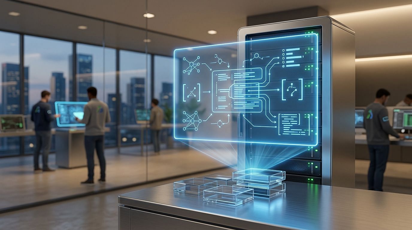 Holografische Webdesign-Oberfläche mit Code-Elementen im Büro, Personen stehen an Bildschirmen.