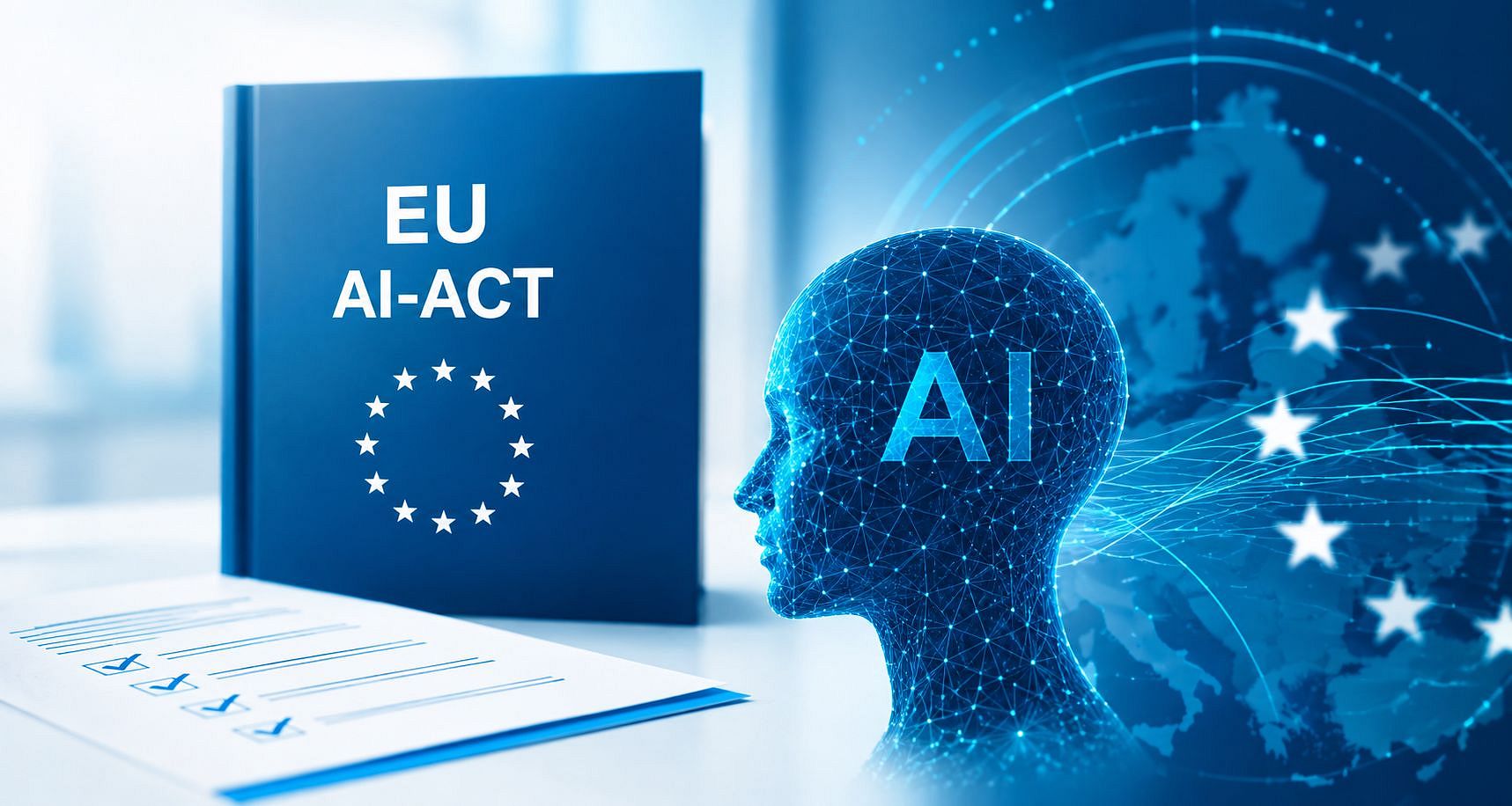 Blaues EU-AI-Act-Dokument neben digitalem KI-Kopf mit Netzwerkstruktur und Europasternen.