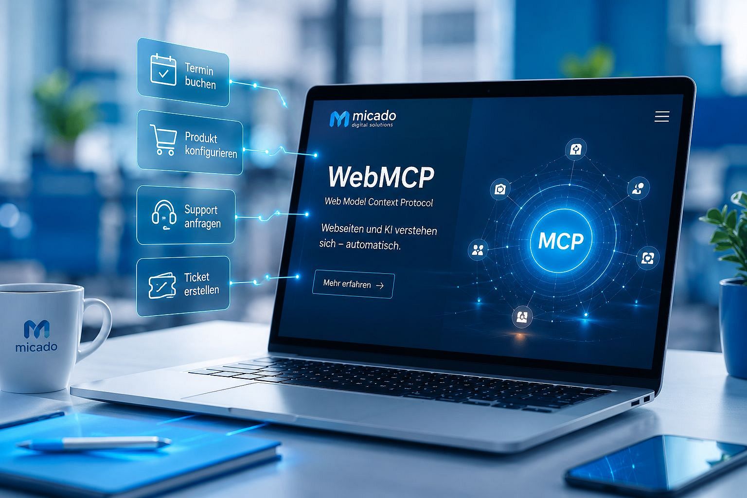 Laptop mit WebMCP-Schaubild und Top-Features