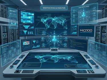 Micado-Analysekonsole mit Website-Tracking-Dashboards und Visualisierung in einem virtuellen Serverraum.