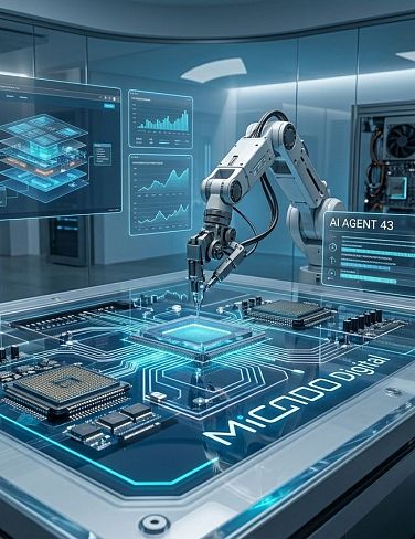 Roboterarm arbeitet an einer transparenten Platine mit Micado-Schriftzug vor Serverracks und Datendisplays.