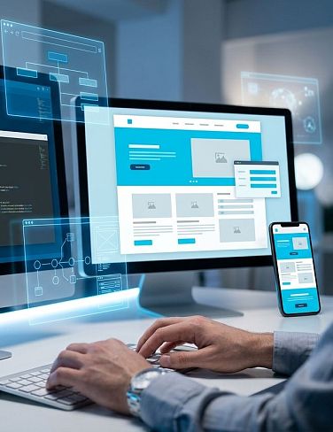 Person bearbeitet ein Website-Layout am Computer, daneben Codefenster und Smartphone auf dem Schreibtisch.