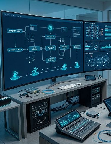 Team überwacht in einem Hightech-Labor digitale Prozessdiagramme und KI Agents an Computerarbeitsplätzen.