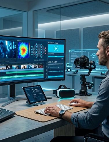 Zwei Personen bearbeiten Medieninhalte an Monitoren in einem modernen Studio mit Kamera und Mikrofon.