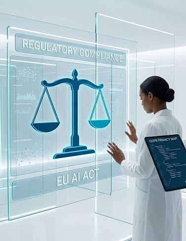 Person im weißen Kittel prüft EU-AI-Act-Compliance auf transparenten Displays neben Roboterarm im Labor.