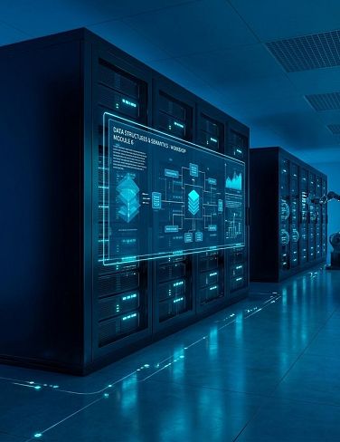 Blau beleuchteter Serverraum mit Serverracks, Netzwerkkabeln, Datenanzeigen und Roboterarm im Gang.